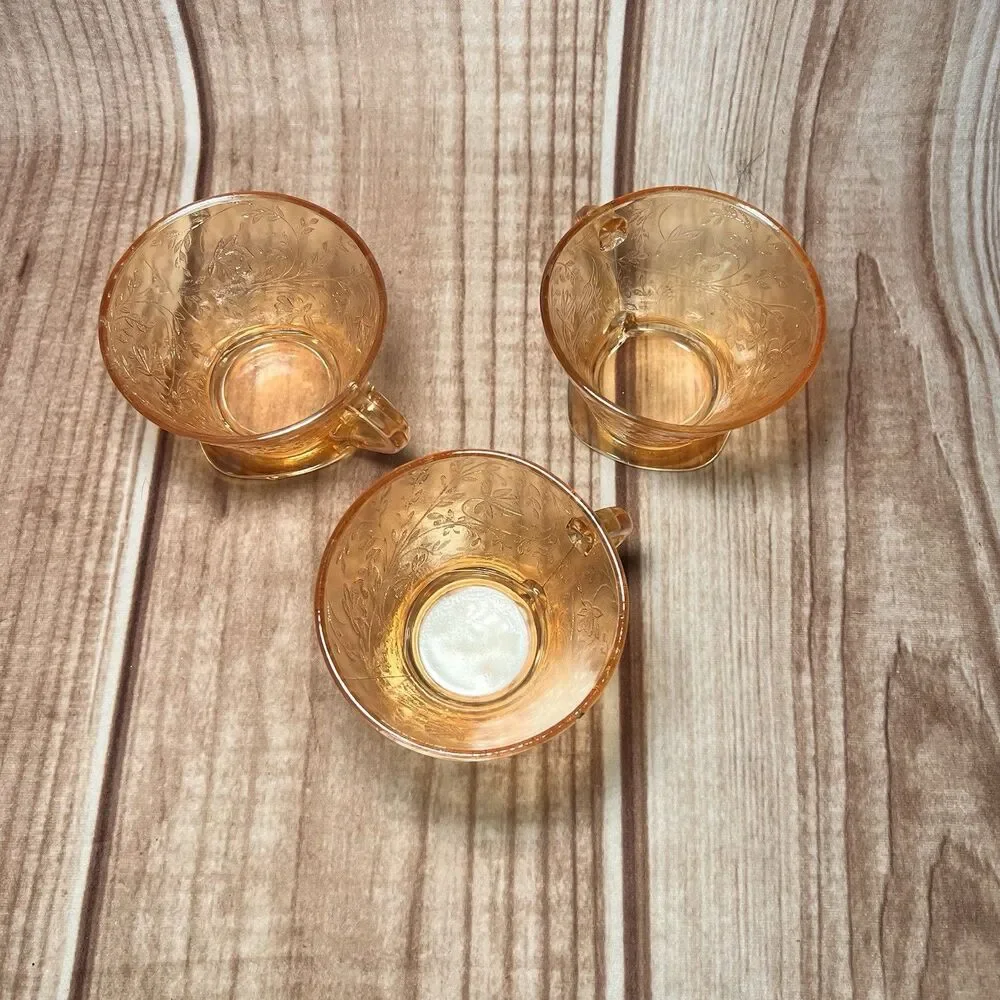 Vintage Jeannette Glass Floragold Tea Coffee Cups Louisa Pattern Set of 3